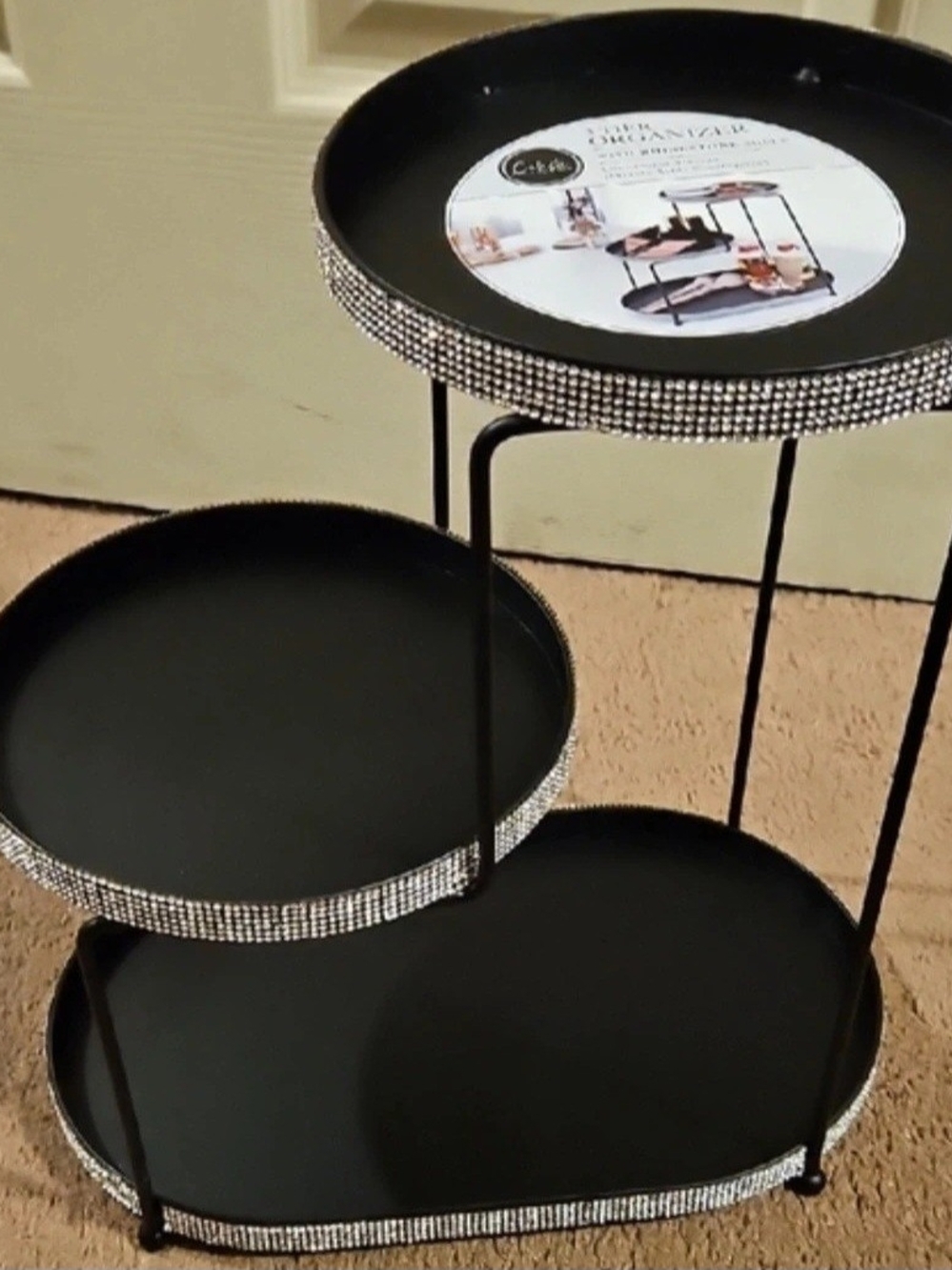 3-Tier Black Metal Organizer Tray Stand with Rhinestone Trim
